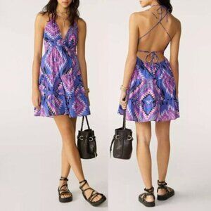 New Ba&sh Gigaro Ikat Tiered Cotton Strappy Mini Dress Pink M $275